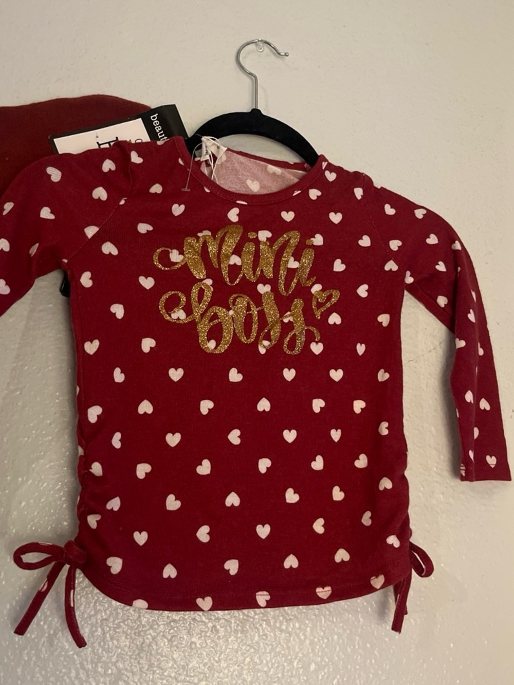 Beautees Red Long Sleeve Heart Tee with Gold 'Mini Boss' Glitter comes with hat
